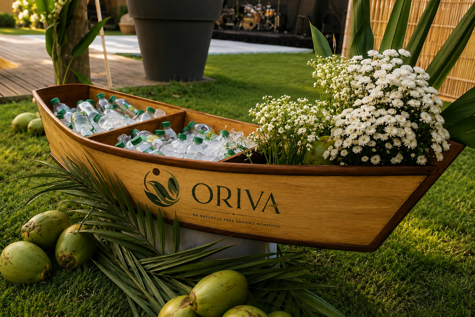 Canoa decorativa Oriva com cocos verdes no gelo em evento