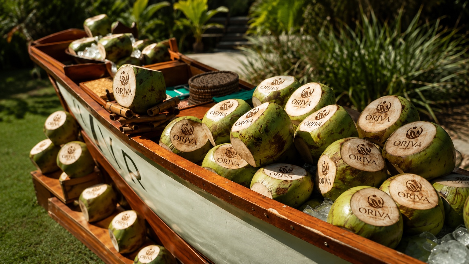 Canoa de madeira com cocos verdes personalizados com a logo Oriva sobre gelo em evento ao ar livre