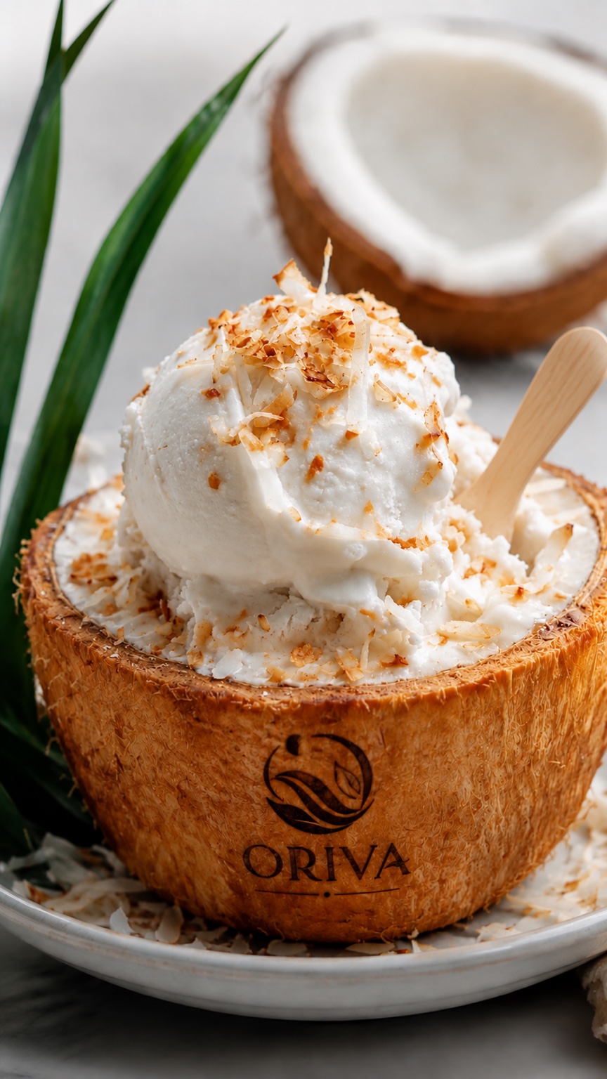 Sorvete servido no coco com a marca Oriva gravada na casca